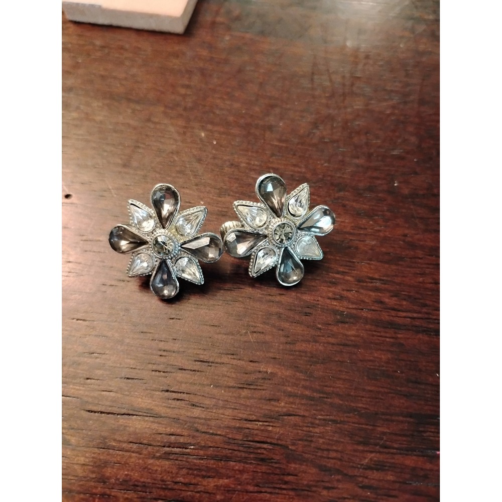 Vintage Silver Tone Smoky Grey Clear Rhinestone Floral Starburst ClipOn Earrings